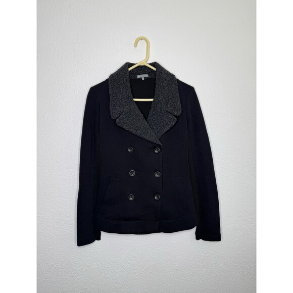 James Perse Double Breasted Cotton Pea Coat Jacket Size 2 USA Wool Blend Black - Picture 1 of 16